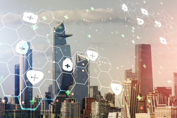 Abstract virtual medical hologram on New York cityscape background, online medical consulting concept. Multiexposure
