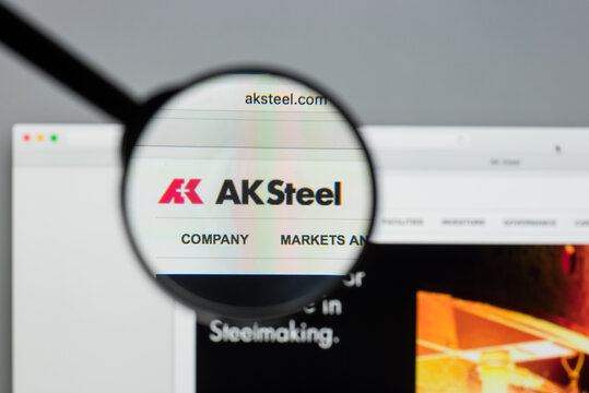 Milan, Italy - August 10, 2017: AK Steel Holding. website homepage. It is a steel producer. AK Steel logo visible.