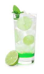 Glass of fresh mojito on white background