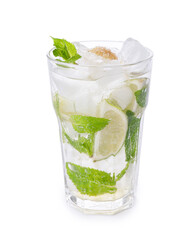 Glass of fresh mojito on white background