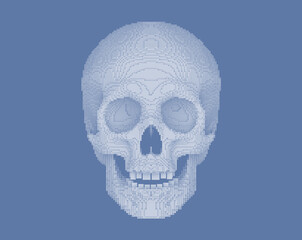 pixilated or blocky skull on gray bakground, 3d render