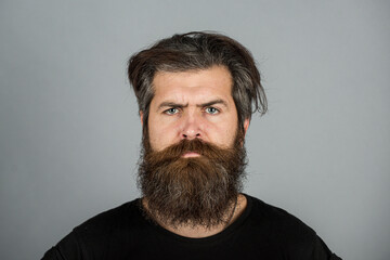 Obraz premium Portrait of confident serious man has beard and mustache, looks seriously, isolated. Hipster guy with long beard and moustache. Bearded man. Handsome male model, closeup face.