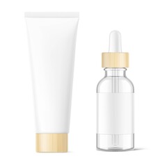 Dropper bottle with cream tube mockup isolated on white background. Vector illustration. Сan be used for cosmetic, medical and other needs. EPS10.	