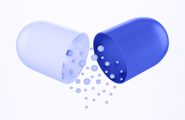 Opened capsule pill white and blue color isolated on white background. Contents of the capsule spill out. Element design for medical or pharmaceutics concept, 3d render