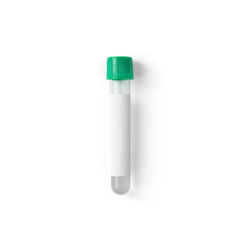 Test tube with green plug isolated on white background. Vacuum tube for collecting blood samples in...