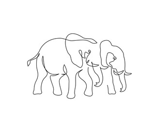 Couple elephants walking. one line art drawing