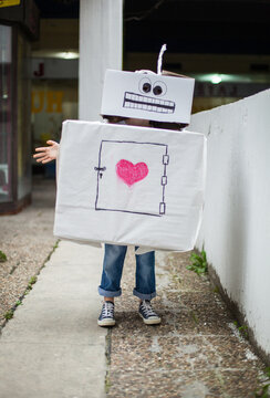 Boy in a handmade robot costume