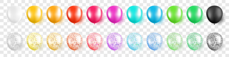 Colorful party balloons with confetti set on transparent background isolated vector illustration