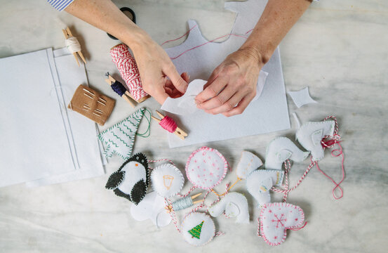 Handmade christmas decorations being made.
