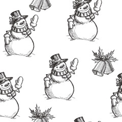 Vector vintage seamless pattern with snowman and Christmas bells. Happy New Year background. Hand drawn texture with Christmas symbols.