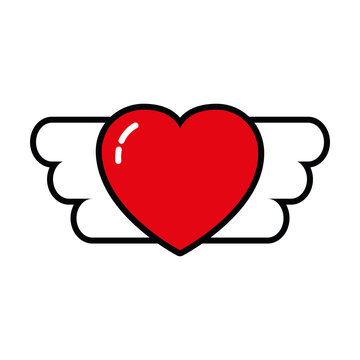 pop art elements, heart with wings icon, line and fill style