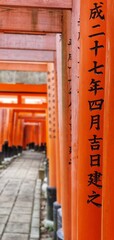 Focus on the back of a Torii, a traditional Japanese gate most commonly found at the entrance of or within a Shinto shrine, where it symbolically marks the transition from the mundane to the sacred.