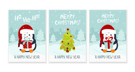 Merry Christmas and Happy New Year greeting card set. Xmas pine tree and penguin with gift box