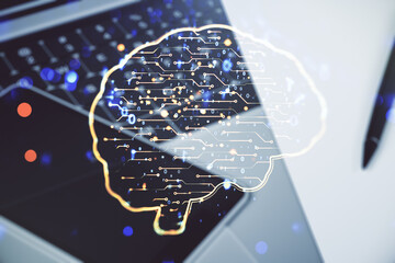 Double exposure of creative human brain microcircuit with computer on background. Future technology and AI concept