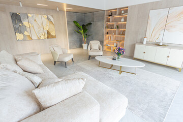 modern interior design of the living area in the studio apartment in warm soft colors. decorative...