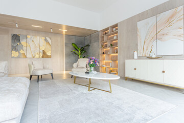 modern interior design of the living area in the studio apartment in warm soft colors. decorative...