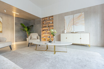 modern interior design of the living area in the studio apartment in warm soft colors. decorative built-in lighting and soft beige furniture