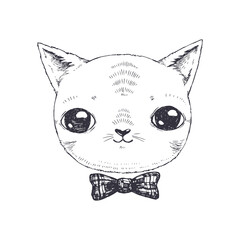 Vector hand drawn illustration of cute cat in bow-tie isolated on white. Funny cartoon animal character in sketch style.