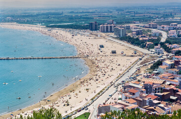Fototapeta premium Film scan of 1972 panorama of the Spanish resort of L'Estartit on the Costa Brava. The village was very popular with British tourists