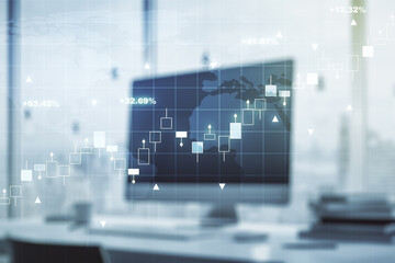 Multi exposure of abstract creative financial graph with world map on modern laptop background, forex and investment concept