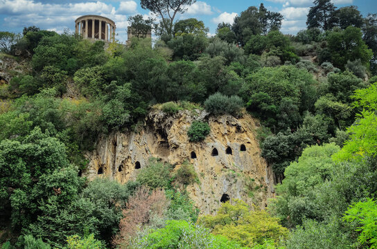 Tunnel hollowed out in a rock over the gorge of the Aniene river next to the Villa of Manlio Vopisco. Tivoli, Italy