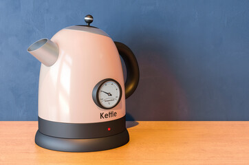 Electric Kettle with Temperature Control on the wooden table. 3D rendering