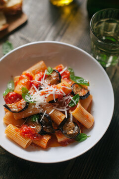 Pasta alla Norma. A typical Italian dish with eggplant and tomato.