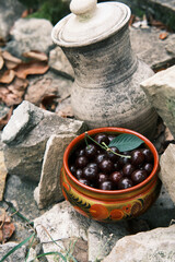 Cherries harvest in a Khokhloma plate in still life with stones and vintage jar. Gifts of nature. Still life. Selective focus.