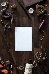 autumn themed collection of curiosities flat lay mockup with copyspace, witchy things on desk with room for copy or art mock up