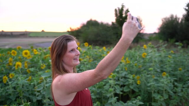 Young Caucasian woman smiling while taking selfie picture with mobile phone in sunflower field