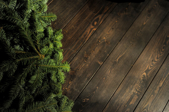 Christmas tree on the wood board floor