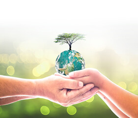 Earth day concept: Father and son hands holding earth global and tree over blurred green city background. Elements of this image furnished by NASA