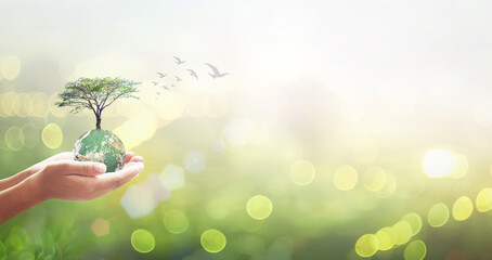 World environment day concept: Human hands holding earth global and tree over blurred green city background. Elements of this image furnished by NASA