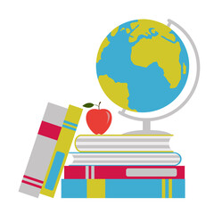 Globe Earth model,stack of books and apple. Vector illustration in flat style