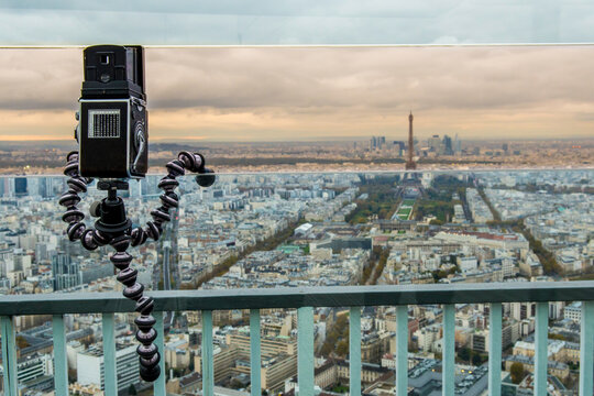 Paris France City Skyline and Retro Medium Format Film Camera