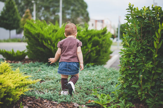 Back of a toddler girl walking confidently through a green path photographed from behind.