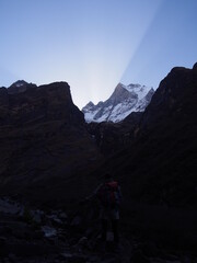 Fototapeta premium Two colored sky, it was caused by the light of sunrise, ABC (Annapurna Base Camp) Trek, Annapurna, Nepal