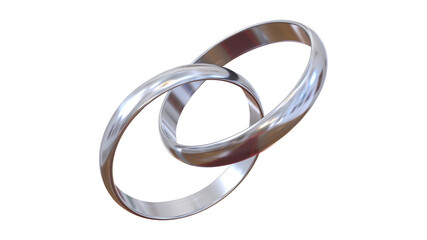 Classic linked silver engagement rings on white background. Realistic 3D illustration