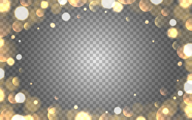 Gold bokeh frame on transparent backdrop. Christmas decoration template. Golden border with blurred elements. Shining glitter effect for a greeting card. Vector illustration © Vegorus
