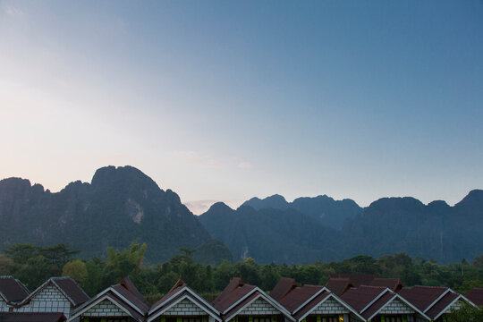 Cottages, Mountains and Blue Sky