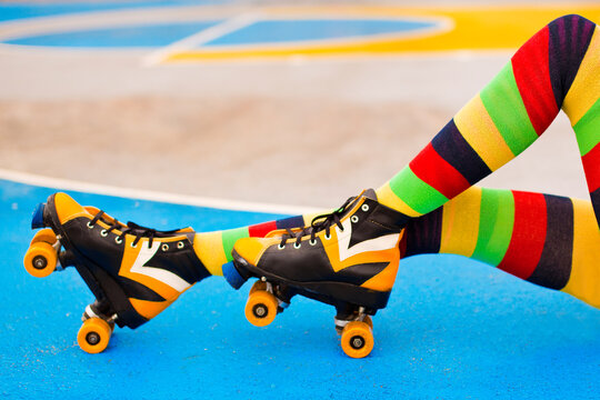 Colorful rollerskates on basketball playground