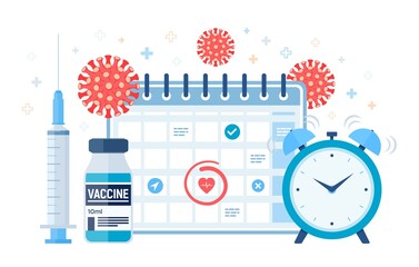 Time to vaccinate concept. Immunization campaign. Vaccine shot. Syringe with a vaccine bottle calendar and virus. Health care and protection. Medical treatment. Flat vector illustration. - obrazy, fototapety, plakaty
