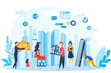 Build city building vector illustration. Cartoon flat designer people create graphic cityscape design, holding architecture buildings in hands. Architect characters team creation isolated on white