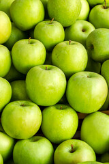 Ripe,fresh green apples heap at market,close up taken