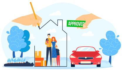 Approved mortgage loan vector illustration. Cartoon flat family people with house or home apartment to buy and invest, approval agreement. Real estate, investment to housing concept isolated on white