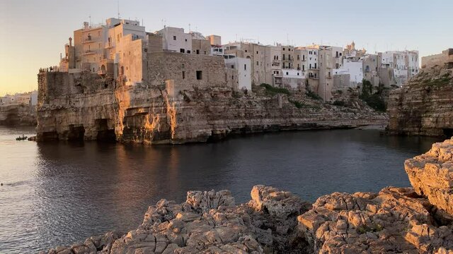 Video of the sunrise of Polignano a mare, Puglia, Italy. Cliff overlooking the sea