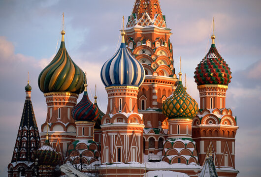 St. Basil's Christian cathedral in winter snow, Red Square, UNESCO World Heritage Site, Moscow, Russ