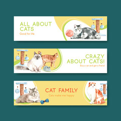 Cute cats banner template design for advertise and marketing watercolor illustration