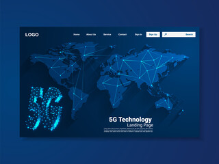 5G Global network technology landing page with world map, interface, vector, illustration, eps 10 file