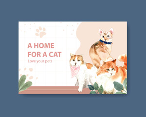 Facebook template design with cute cat for social media,advertise and online community watercolor illustration
